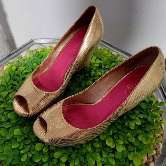 Lilly Pulitzer Gold Wedge Peep Toe Women's Shoes Sz 7.5 MSRP $ 148 - Picture 1 of 9